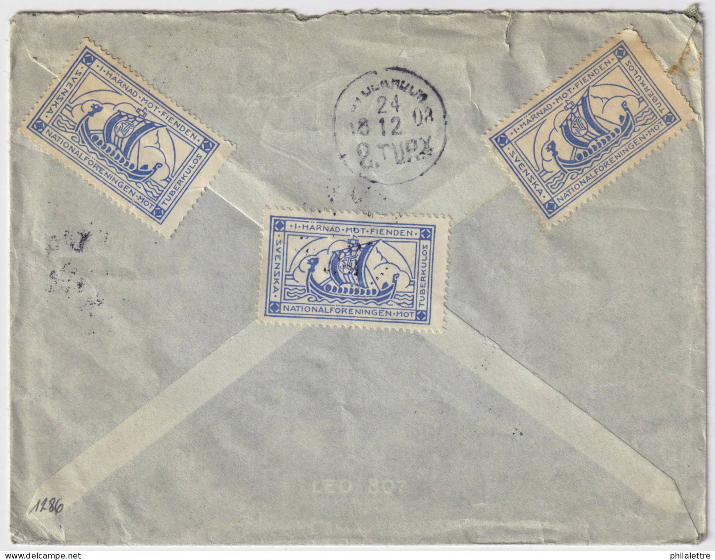 SUÈDE / SWEDEN - 1908 (Dec 23) 2x 5ö Green Facit 52 & 3x Tuberculosis Labels On Cover  LUND To Stockholm - Storia Postale