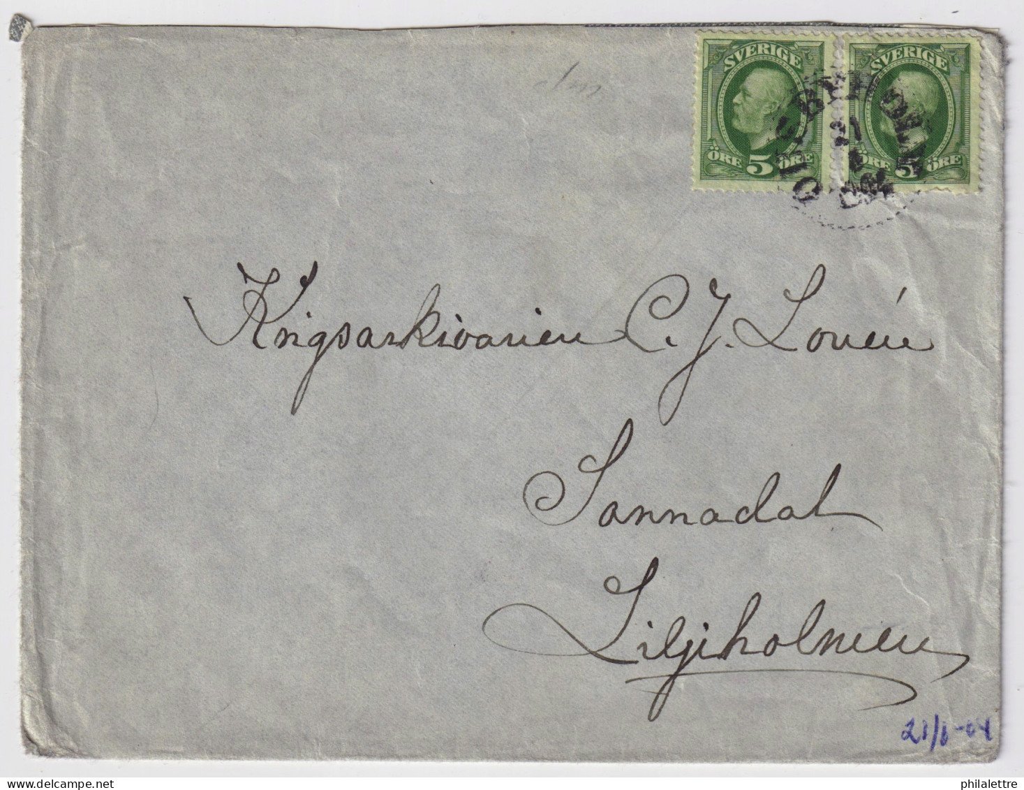 SUÈDE / SWEDEN - 1904 (Jun 21) 2x 5ö Green Facit 52 On Cover From OUSBYHOLM To LILJEHOLMEN - Lettres & Documents