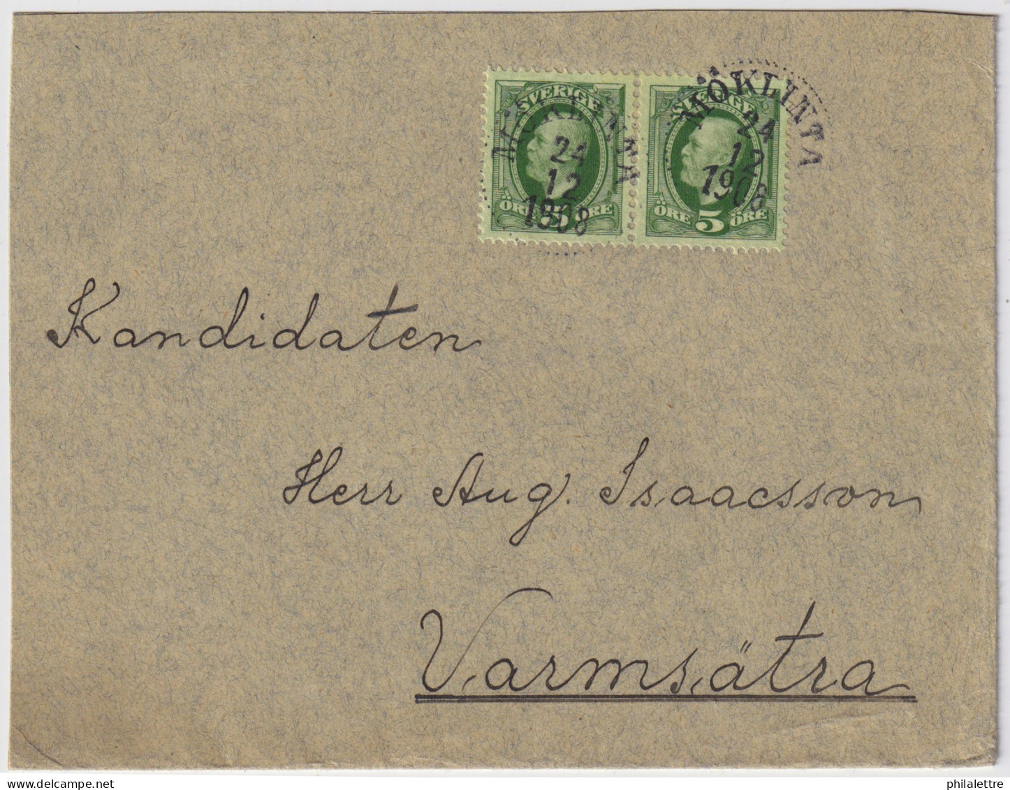 SUÈDE / SWEDEN - 1908 (Dec 24) 2x 5ö Green Facit 52 On Cover From MÖKLINTA To VARMSÄTRA - Lettres & Documents