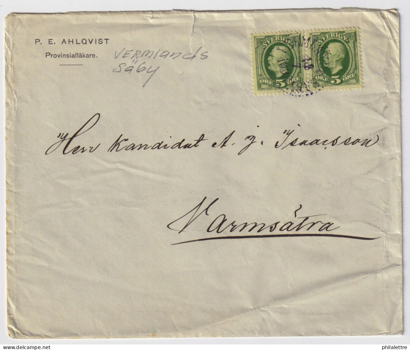 SUÈDE / SWEDEN - 1908 (Jul 18) 2x 5ö Green Facit 52 On Cover From VÄRMLANDS SÄBY To VARMSÄTRA - Briefe U. Dokumente