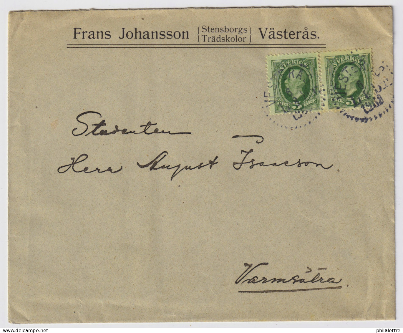 SUÈDE / SWEDEN - 1908 (Aug 6) 2x 5ö Green Facit 52 On Cover From VESTERÅS To VARMSÄTRA - Briefe U. Dokumente