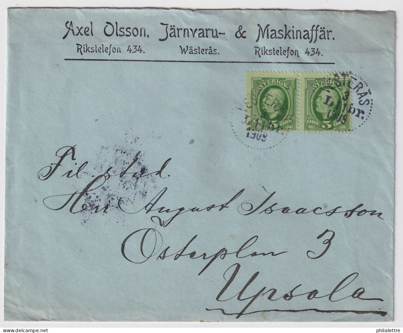 SUÈDE / SWEDEN - 1909 (Nov 3) 2x 5ö Green Facit 52 On Cover From VESTERÅS To UPSALA - Storia Postale