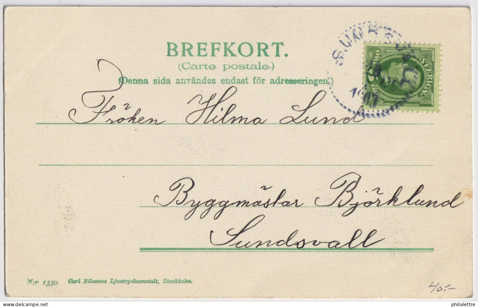SUÈDE / SWEDEN - 1903 (Jan 29) 5ö Green Facit 52 On PPC Used Locally In SUNDSVALL - Briefe U. Dokumente