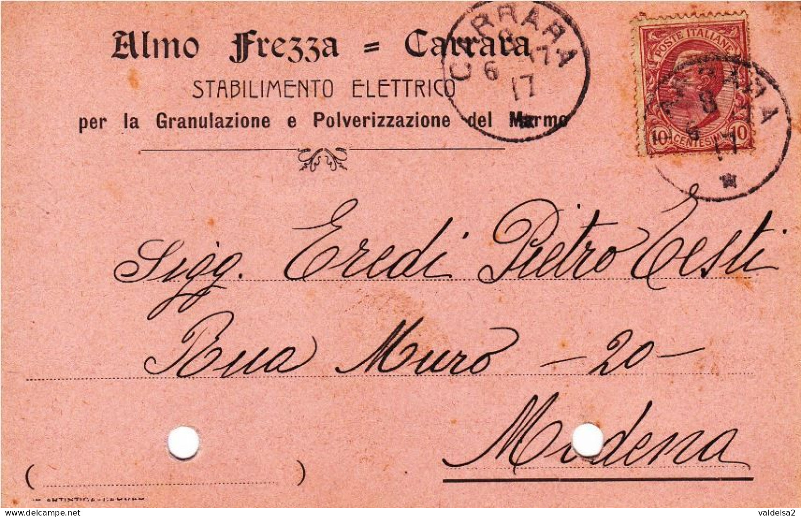 CARRARA - MASSA - CARTOLINA COMMERCIALE "ALMO FREZZA GRANULAZIONE E POLVERIZZAZIONE DEL MARMO" - 1917 - Carrara