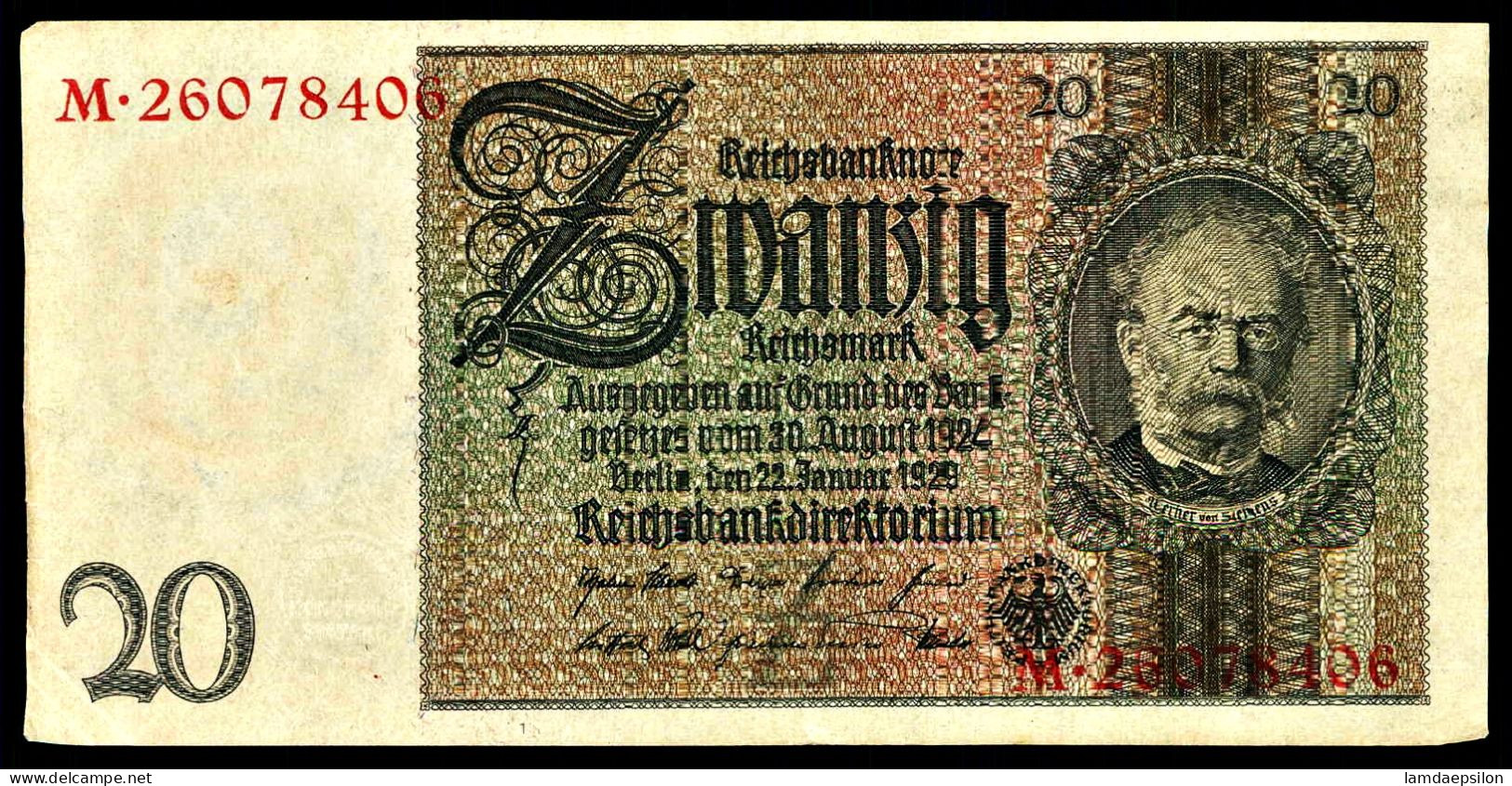 A8 ALLEMAGNE    BILLETS DU MONDE   REICHBANKNOTE BANKNOTES  20 EICHSMARK 1929 - Pakistan