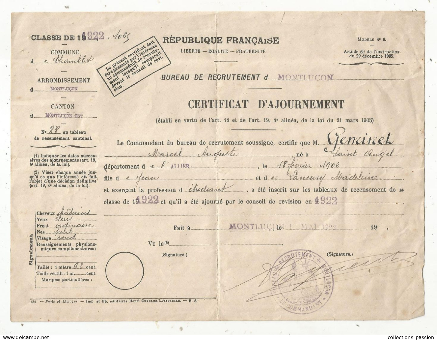 Militaria , CERTIFICAT D'AJOURNEMENT,1922, Commune De Chamblet, Bureau De Recrutement De Montluçon, Frais Fr 1.75 E - Dokumente