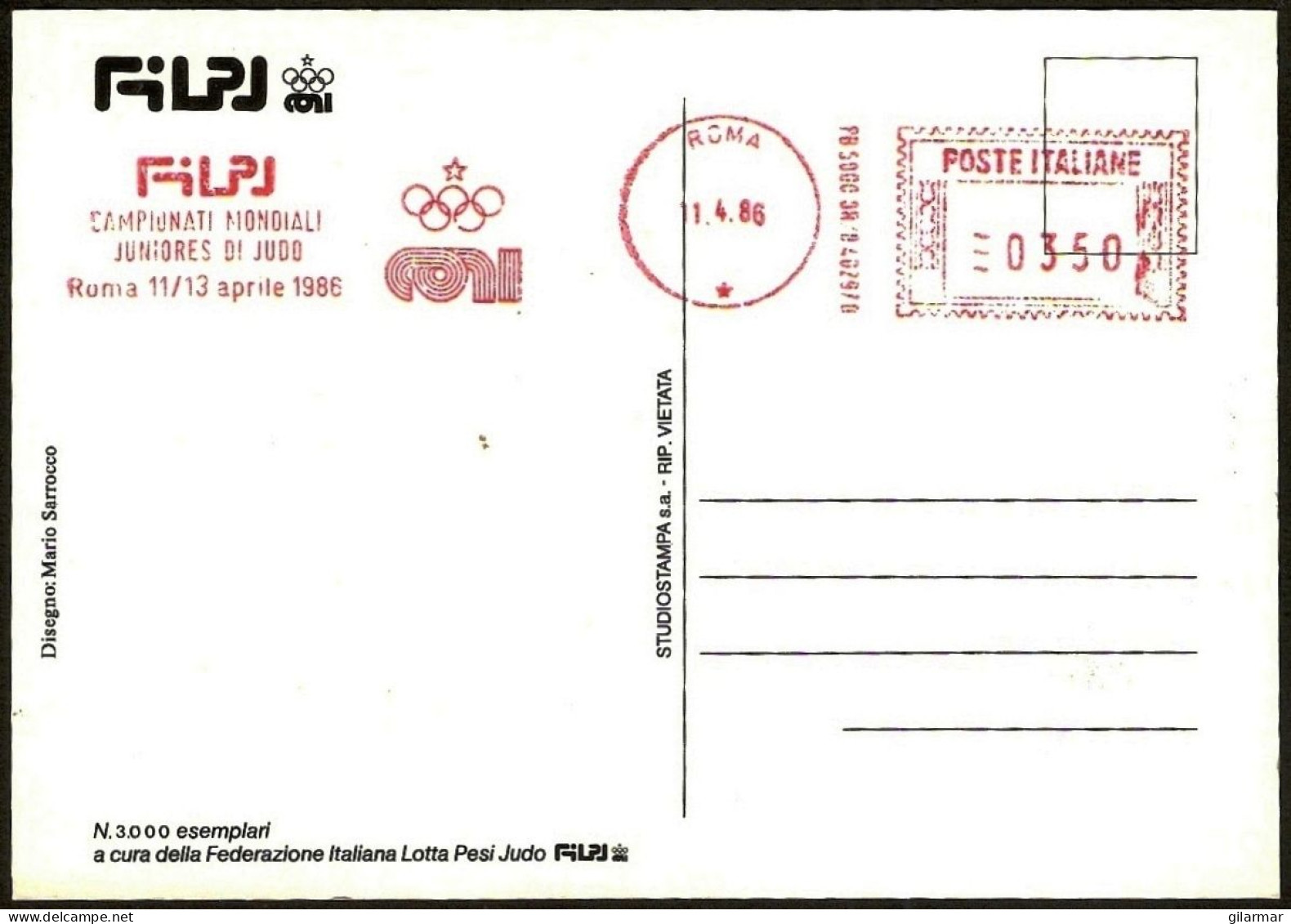 ITALIA ROMA 1986 - CAMPIONATI MONDIALI JUNIORES DI JUDO - CARTOLINA UFFICIALE + METER CONI / FILPJ - M - Judo