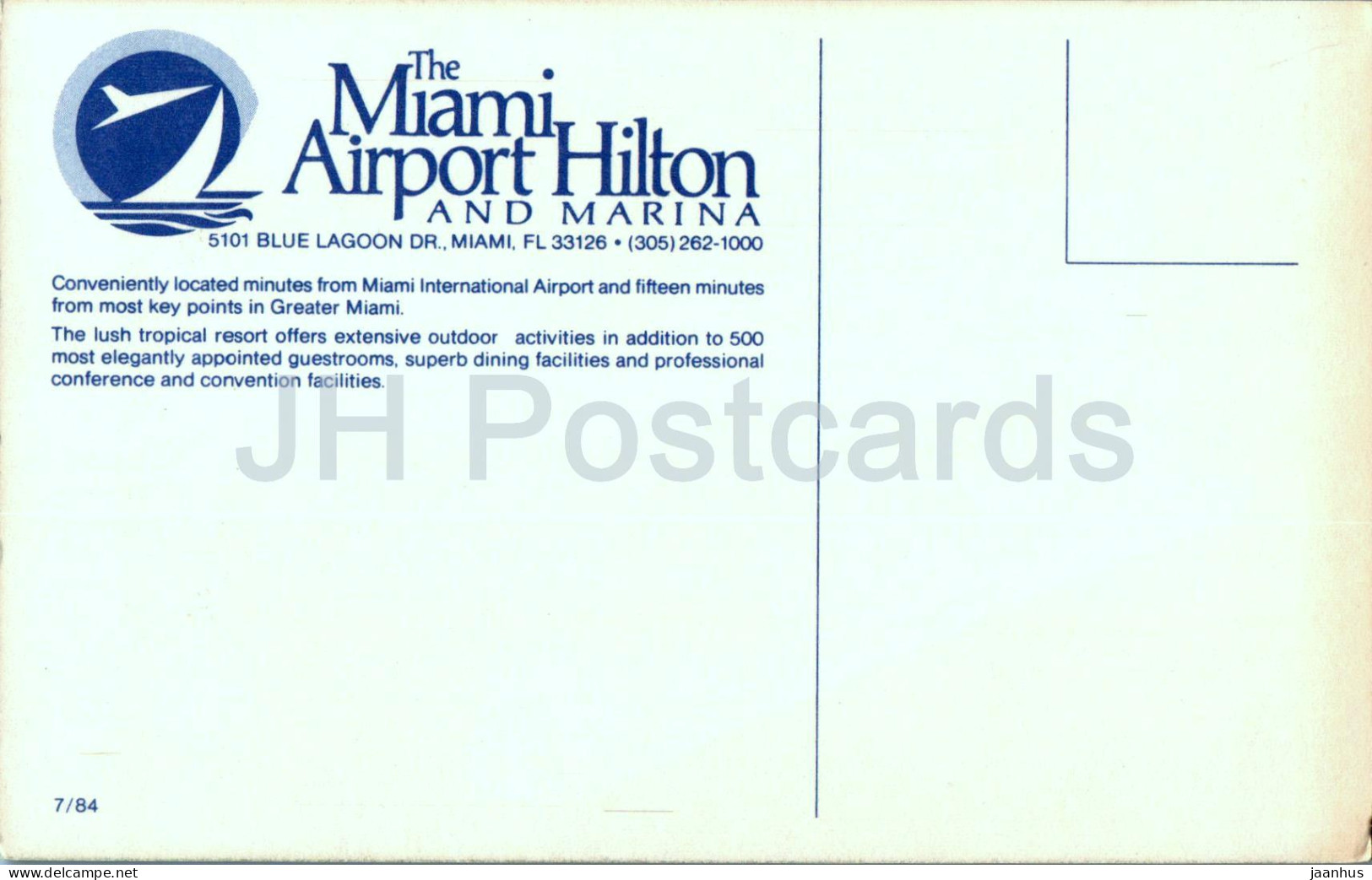 The Miami Airport Hilton And Marina - 7/84 - USA - Unused - Miami