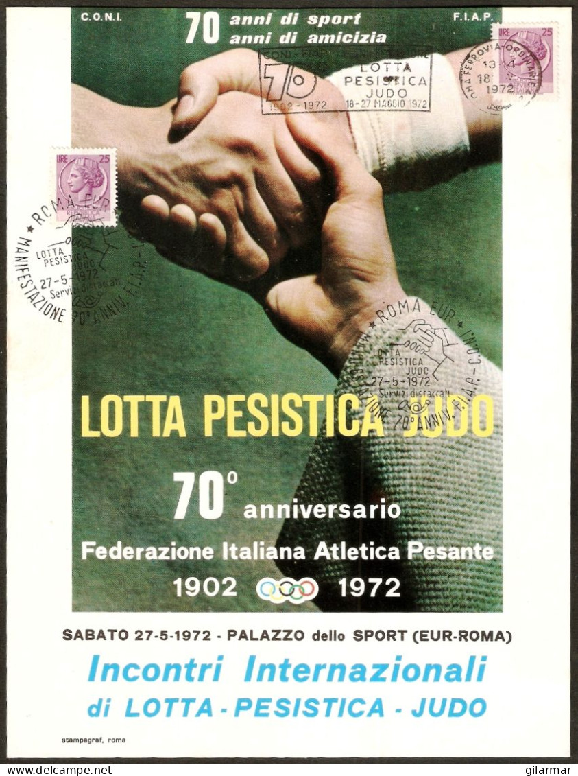 ITALIA ROMA 1972 - CONI / FIAP - MANIFESTAZIONE LOTTA PESISTICA JUDO - TARGHETTA + ANNULLO MANUALE - PICCOLO POSTER - M - Judo