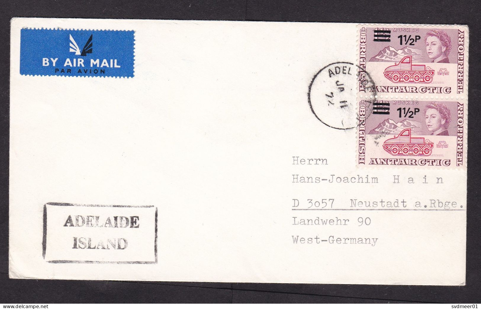 British Antarctic Territory BAT: Cover To Germany 1972, 2 Stamps, Value Overprint, Adelaide Island (staple Hole At Back) - Storia Postale