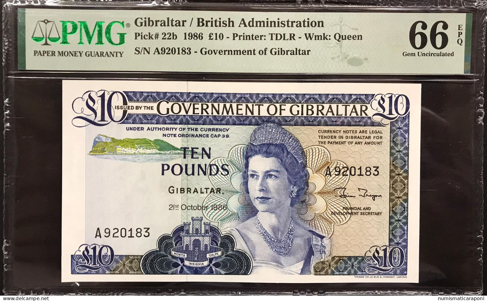 Gibilterra  Gibraltar 10 Pounds (Pick#22b) 1986 PMG 66 Gem Uncirculated LOTTO 4027 - Gibraltar