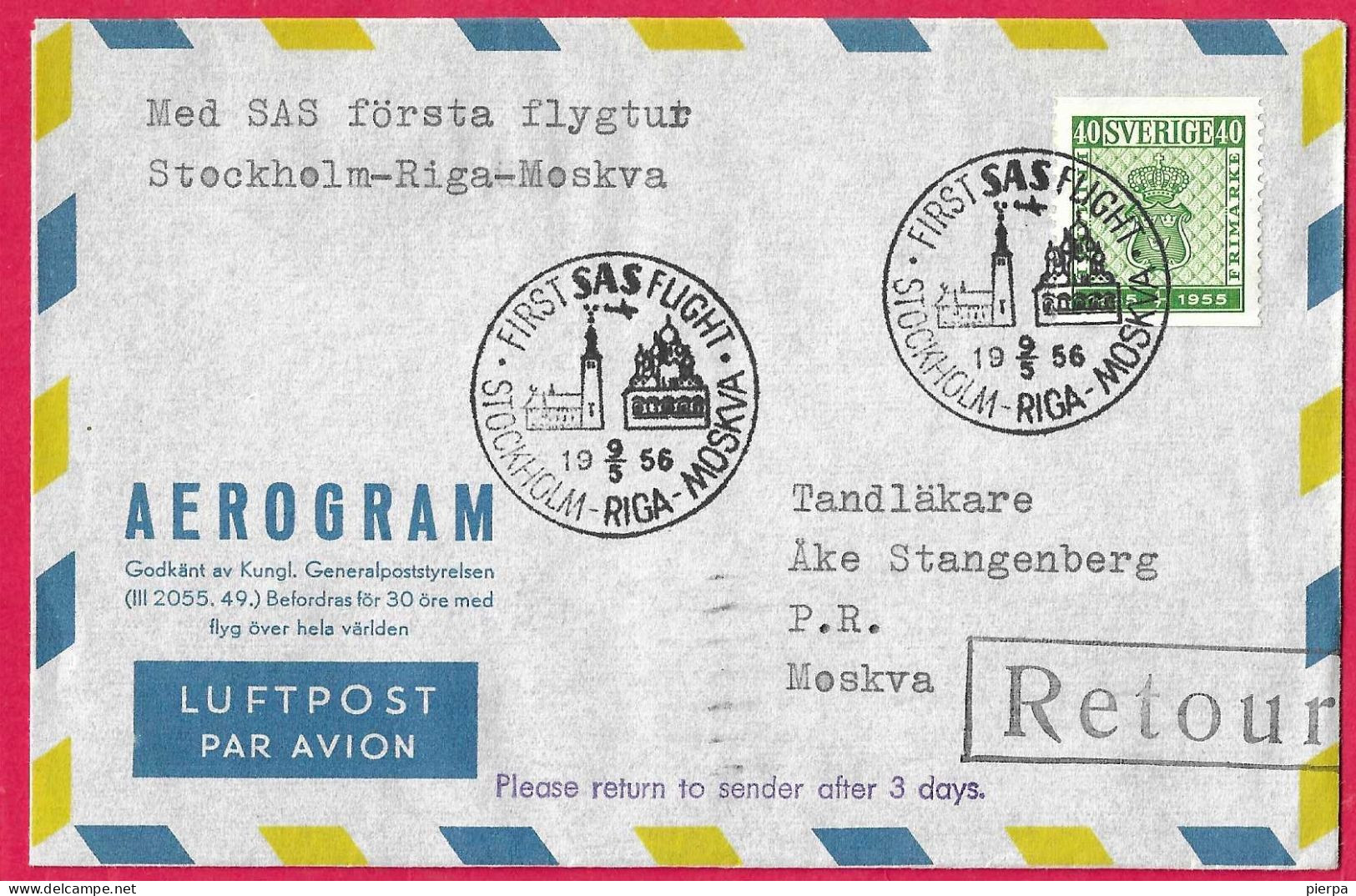 SVERIGE - FIRST FLIGHT SAS FROM STOCKHOLM TO MOSKVA*19.5.56* ON COVER AEROGRAM - Brieven En Documenten