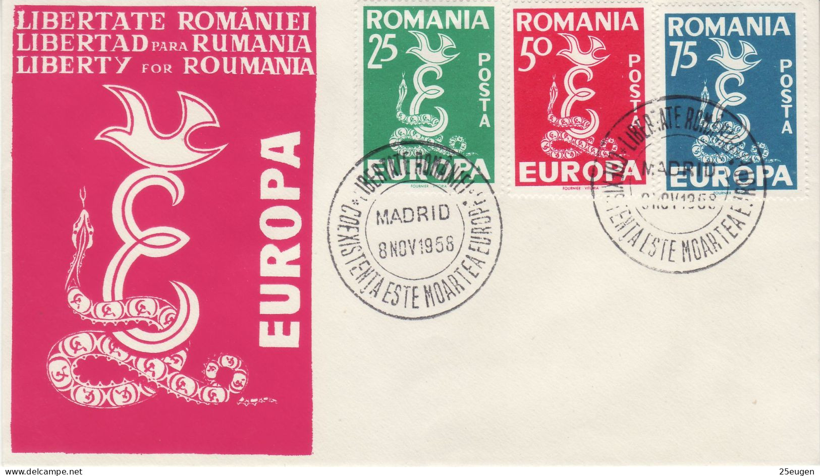 ROMANIA IN EXILE 1958 EUROPA  FDC - 1958