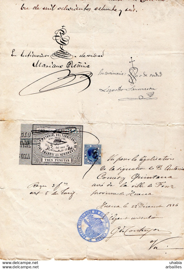 Zaragoza. Huesca. Consulat D'Espagne A Pau. Document Notarié 1886. - Lettres & Documents