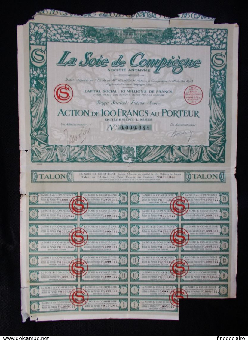 Action De 100 Francs, La Soie De Compiègne, Paris 1923 - Textiel