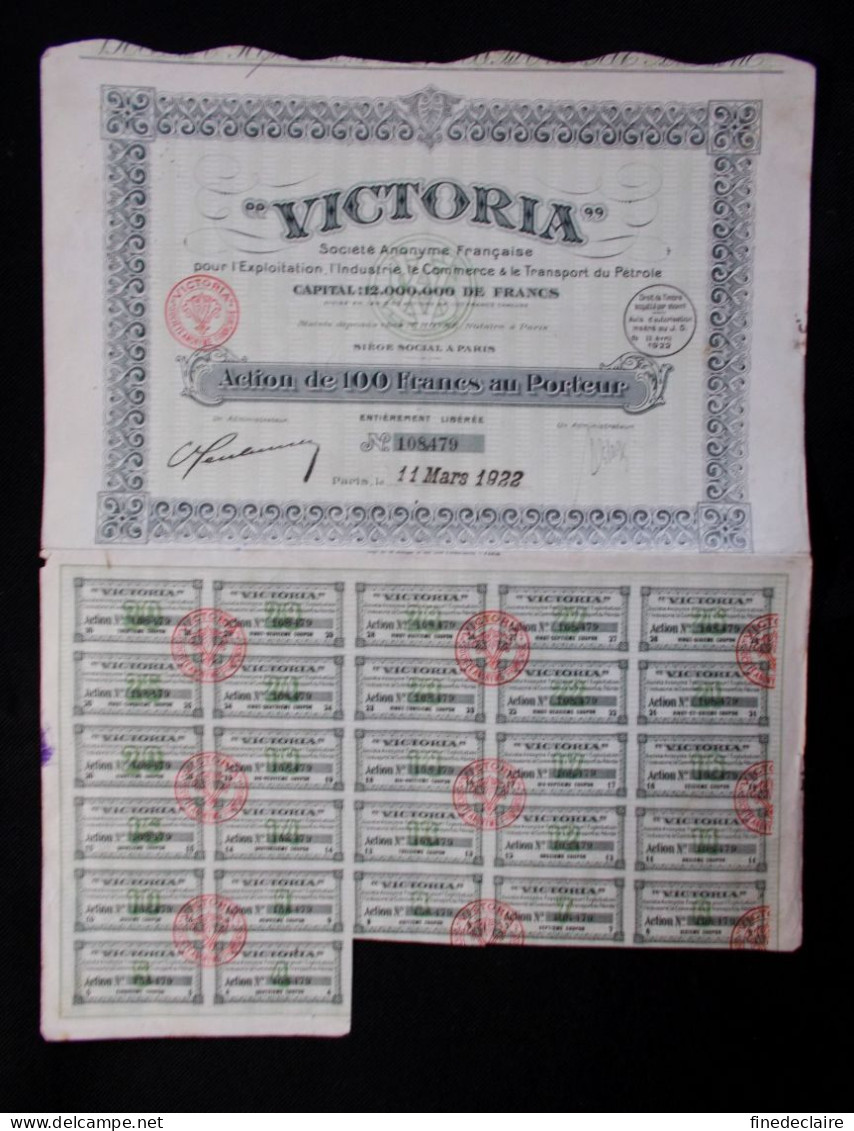 Action De 100 Francs, Victoria, S.A. Française, Exploitation, L'industrie, Commerce, Transport Du Pétrole Paris 1922 - Aardolie