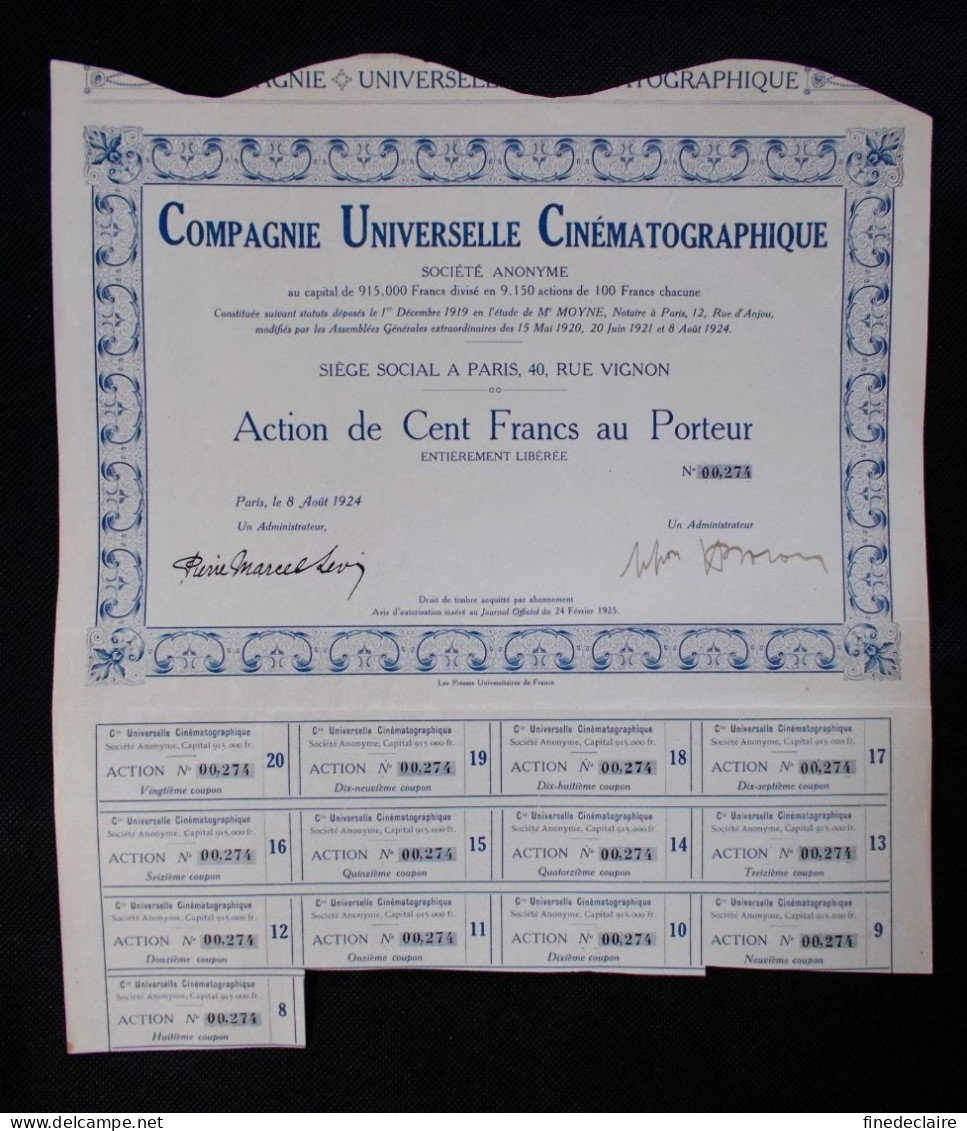 Action De 100, Cent Francs, Compagnie Universelle Cinématographique, Paris 1924 - Kino & Theater