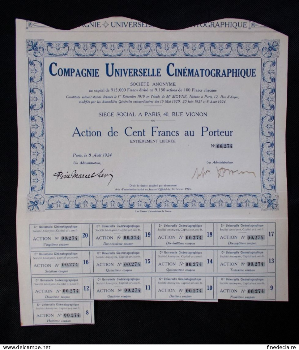 Action De 100, Cent Francs, Compagnie Universelle Cinématographique, Paris 1924 - Cinéma & Theatre