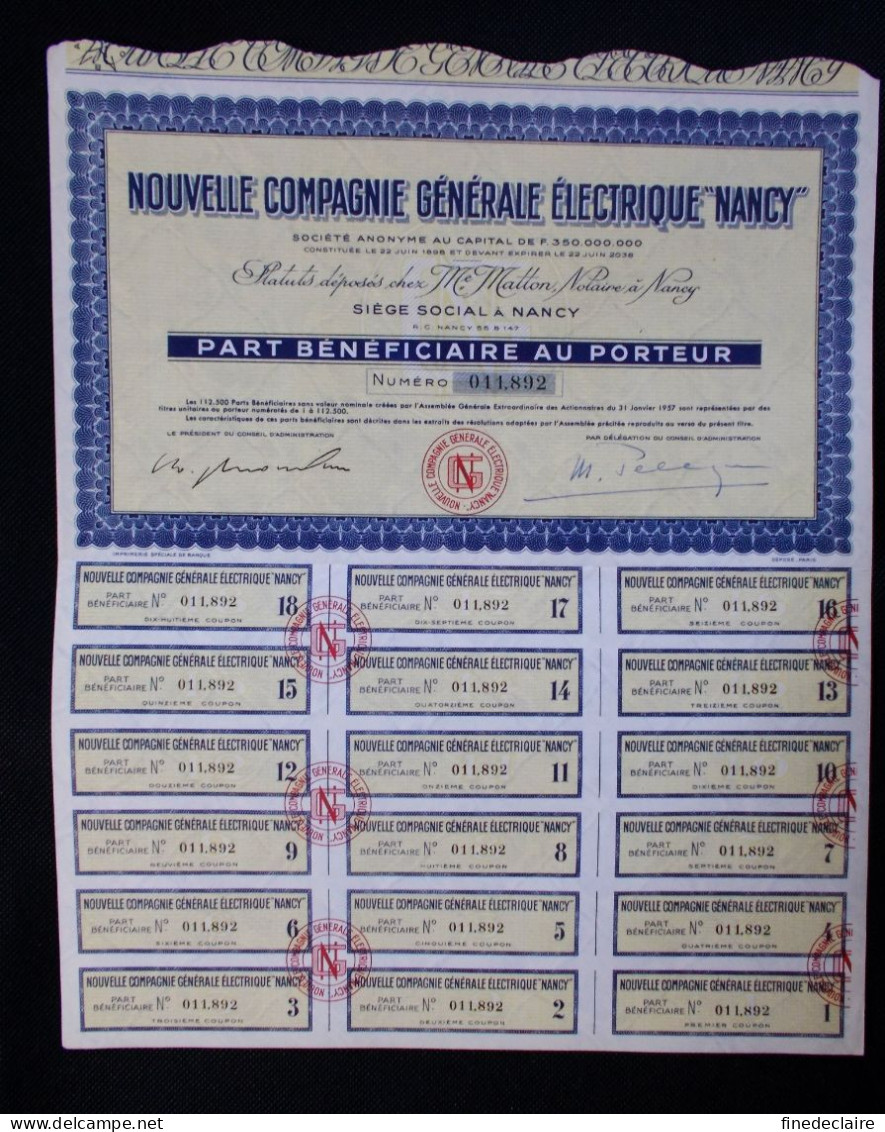 Part Bénéficiaire Au Porteur, Nouvelle Compagnie Générale électrique "Nancy", M. Matton, Notaire à Nancy, 1957 - Electricidad & Gas