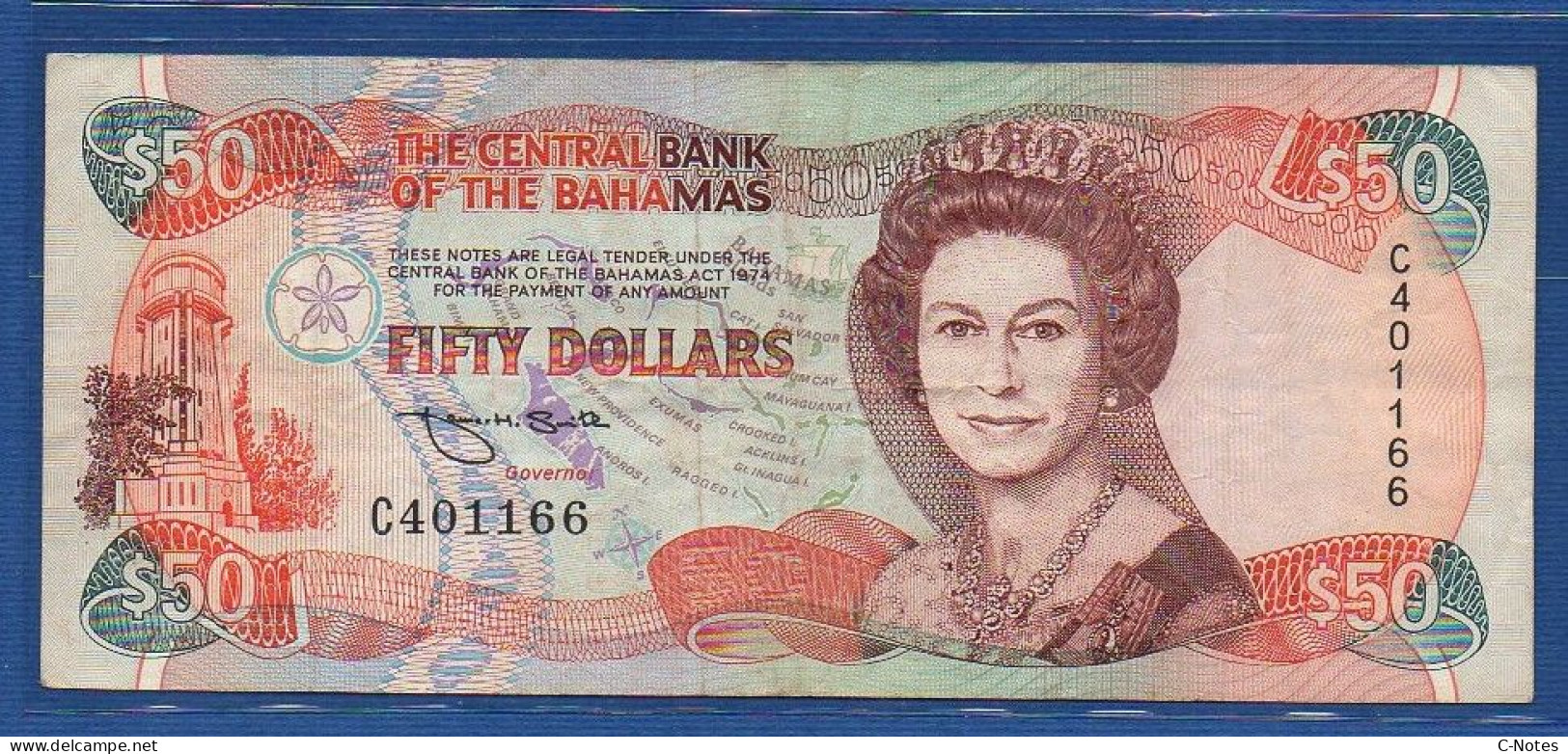 BAHAMAS - P.55 – 50 Dollars L. 1974 (1992) AVF, S/n C401166 - Bahama's