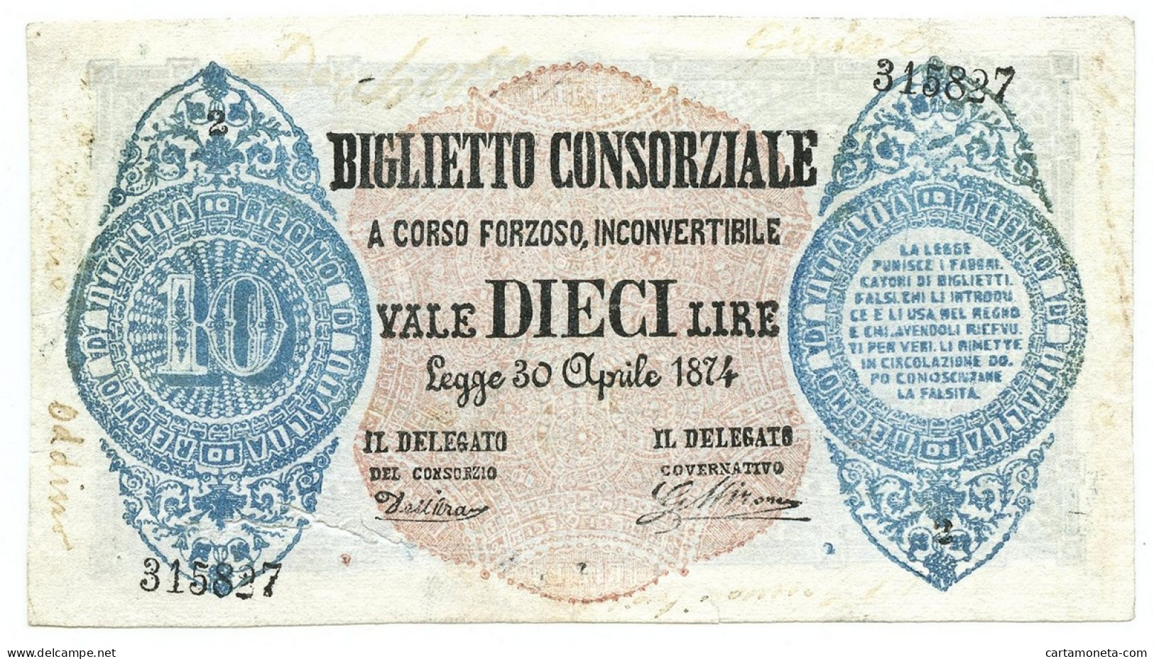 10 LIRE FALSO D'EPOCA BIGLIETTO CONSORZIALE REGNO D'ITALIA 30/04/1874 MB+ - [ 8] Fictifs & Specimens