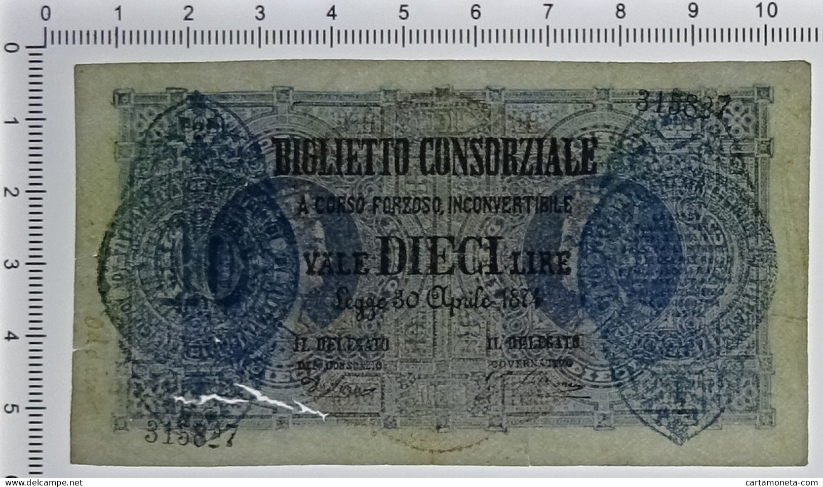 10 LIRE FALSO D'EPOCA BIGLIETTO CONSORZIALE REGNO D'ITALIA 30/04/1874 MB+ - [ 8] Specimen