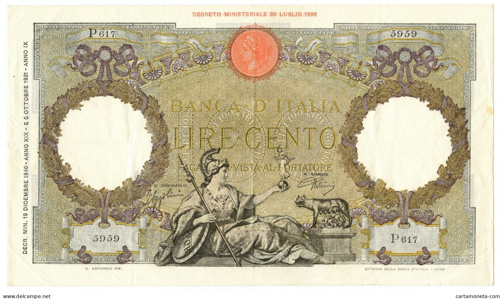 100 LIRE CAPRANESI AQUILA ROMANA TESTINA FASCIO ROMA 19/12/1940 BB/SPL - Regno D'Italia – Other