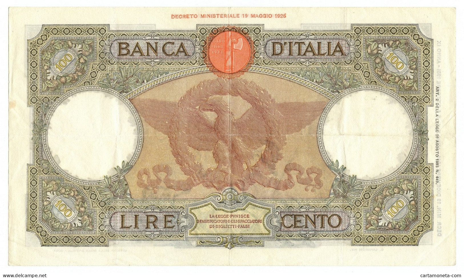 100 LIRE CAPRANESI AQUILA ROMANA TESTINA FASCIO ROMA 19/12/1940 BB/SPL - Regno D'Italia - Altri