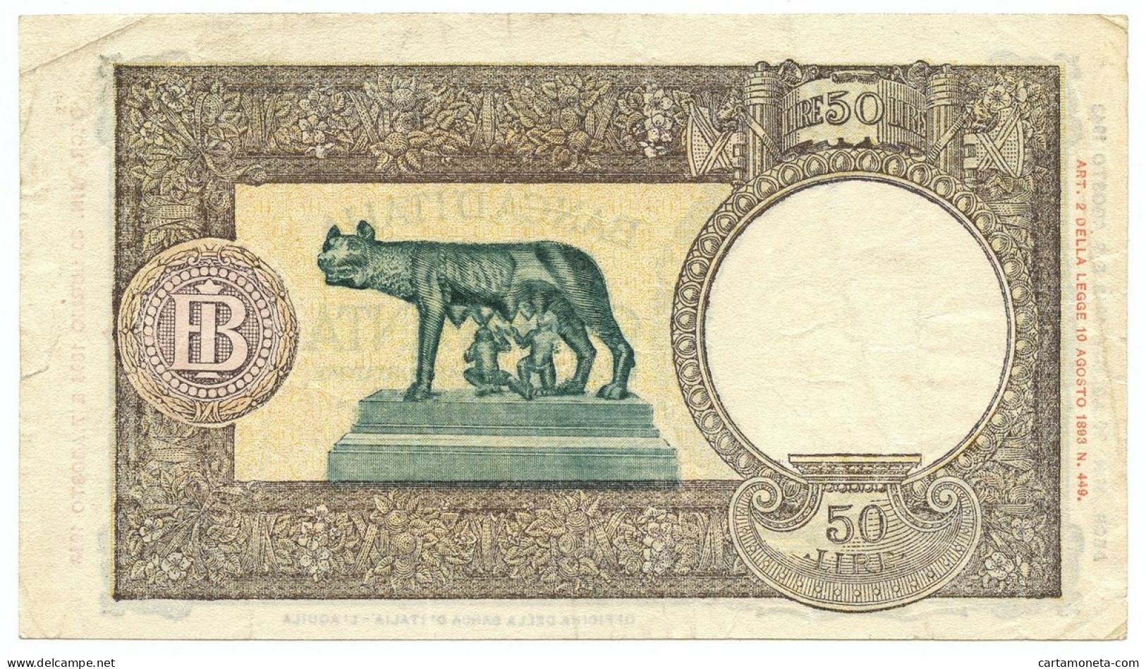 50 LIRE CAPRANESI LUPA CAPITOLINA M. STRETTO BI L'AQUILA 23/08/1943 BB+ - Regno D'Italia – Other