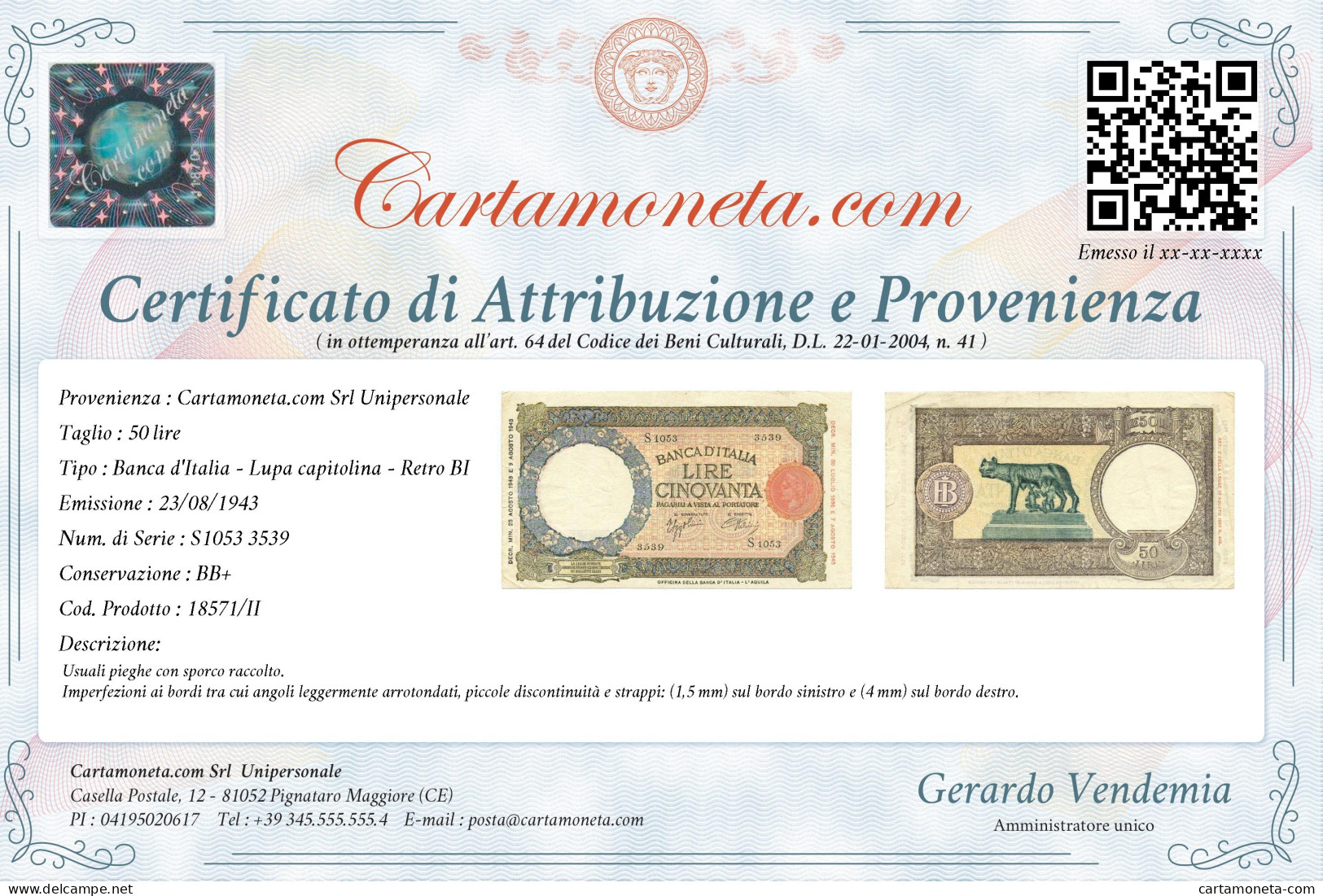 50 LIRE CAPRANESI LUPA CAPITOLINA M. STRETTO BI L'AQUILA 23/08/1943 BB+ - Sonstige