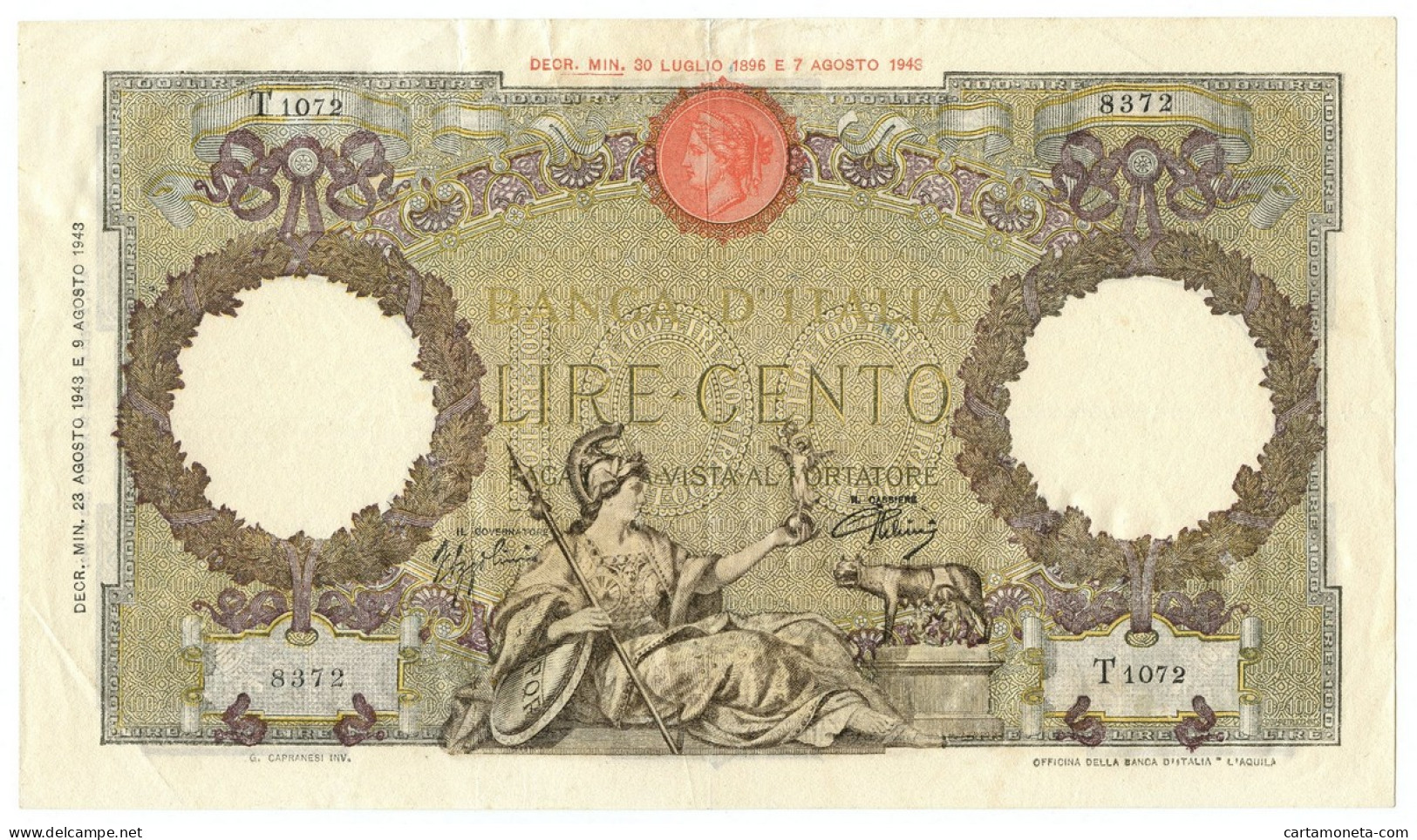 100 LIRE CAPRANESI AQUILA ROMANA TESTINA RETRO BI 23/08/1943 BB/SPL - Regno D'Italia - Altri