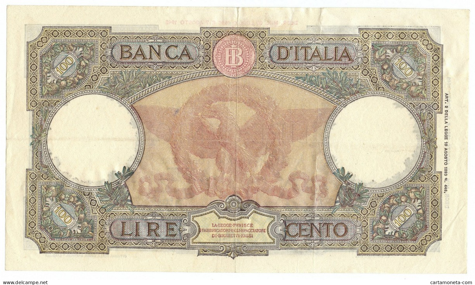 100 LIRE CAPRANESI AQUILA ROMANA TESTINA RETRO BI 23/08/1943 BB/SPL - Otros