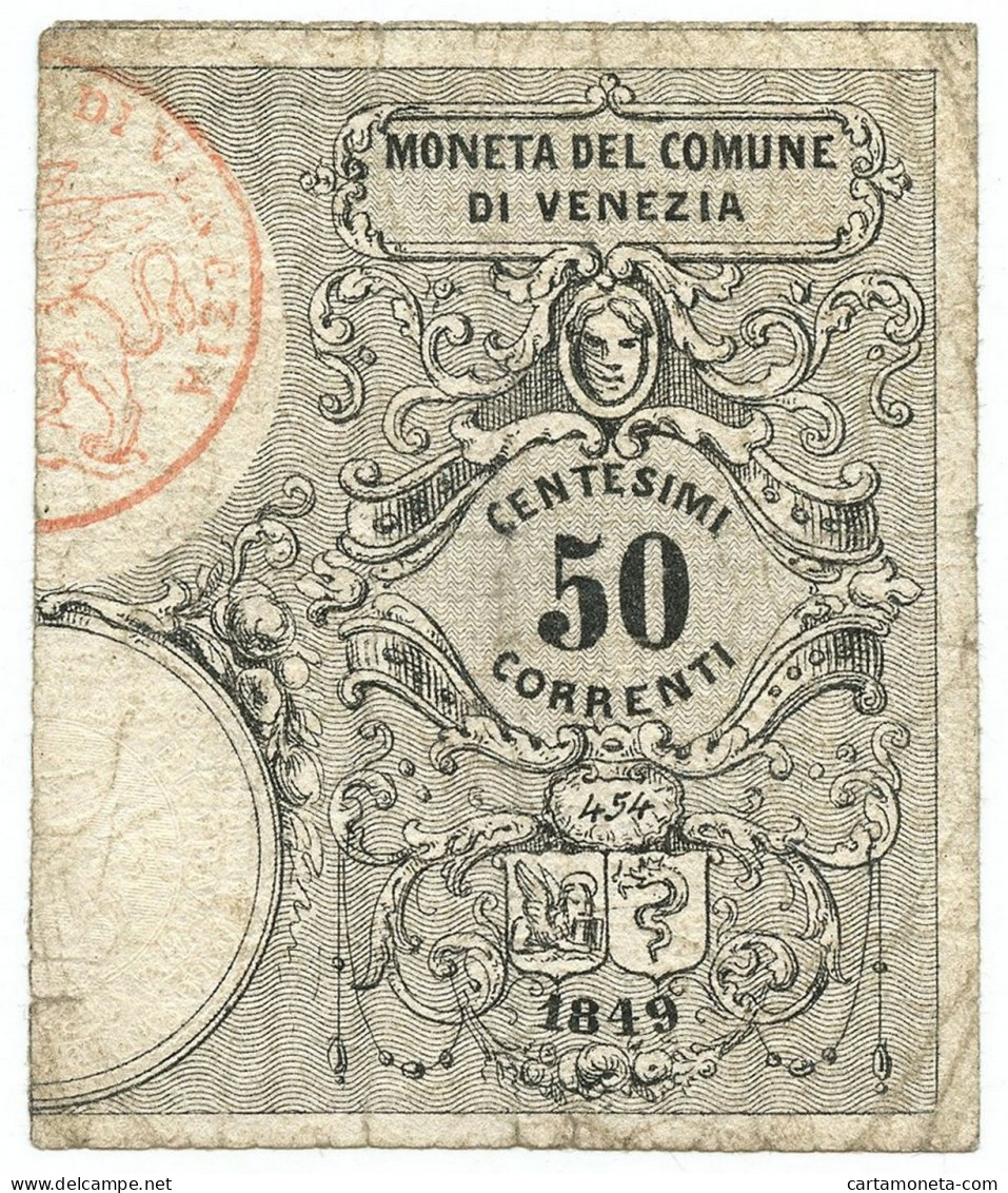 50 CENTESIMI LIRE CORRENTI MONETA DEL COMUNE DI VENEZIA 1849 BB- - Autres & Non Classés