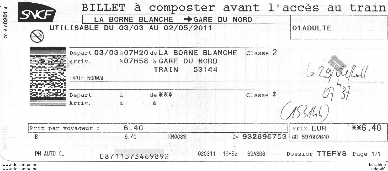 SNCF - Billet à Composter De L ' Oise à La Gare Du Nord - Europa