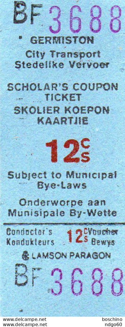 Afrique Du Sud - Ticket Pour Bus Scolaire / Scholar's Coupon Ticket ( Germiston) - Monde