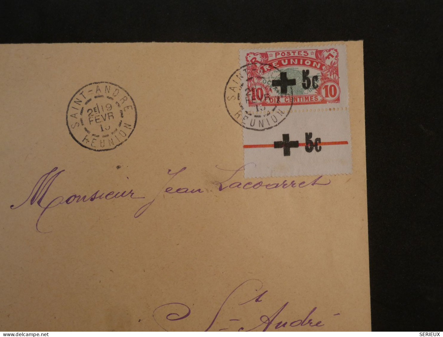 C LA REUNION  BELLE LETTRE RARE CROIX ROUGE 1915 SAINT ANDRé+SURCHAGé BORD DE FEUILLE ++A  AVOIR + AFFRANCH. PLAISANT - Cartas & Documentos