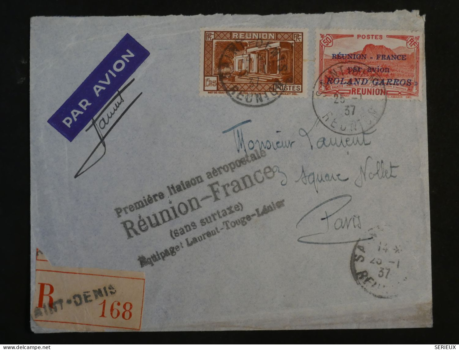C LA REUNION  BELLE LETTRE RARE 200 Ex.1937 +PA N°1 SURCHARGé +SIGNEE PILOTE +A  AVOIR + AFFRANCH. PLAISANT - Covers & Documents