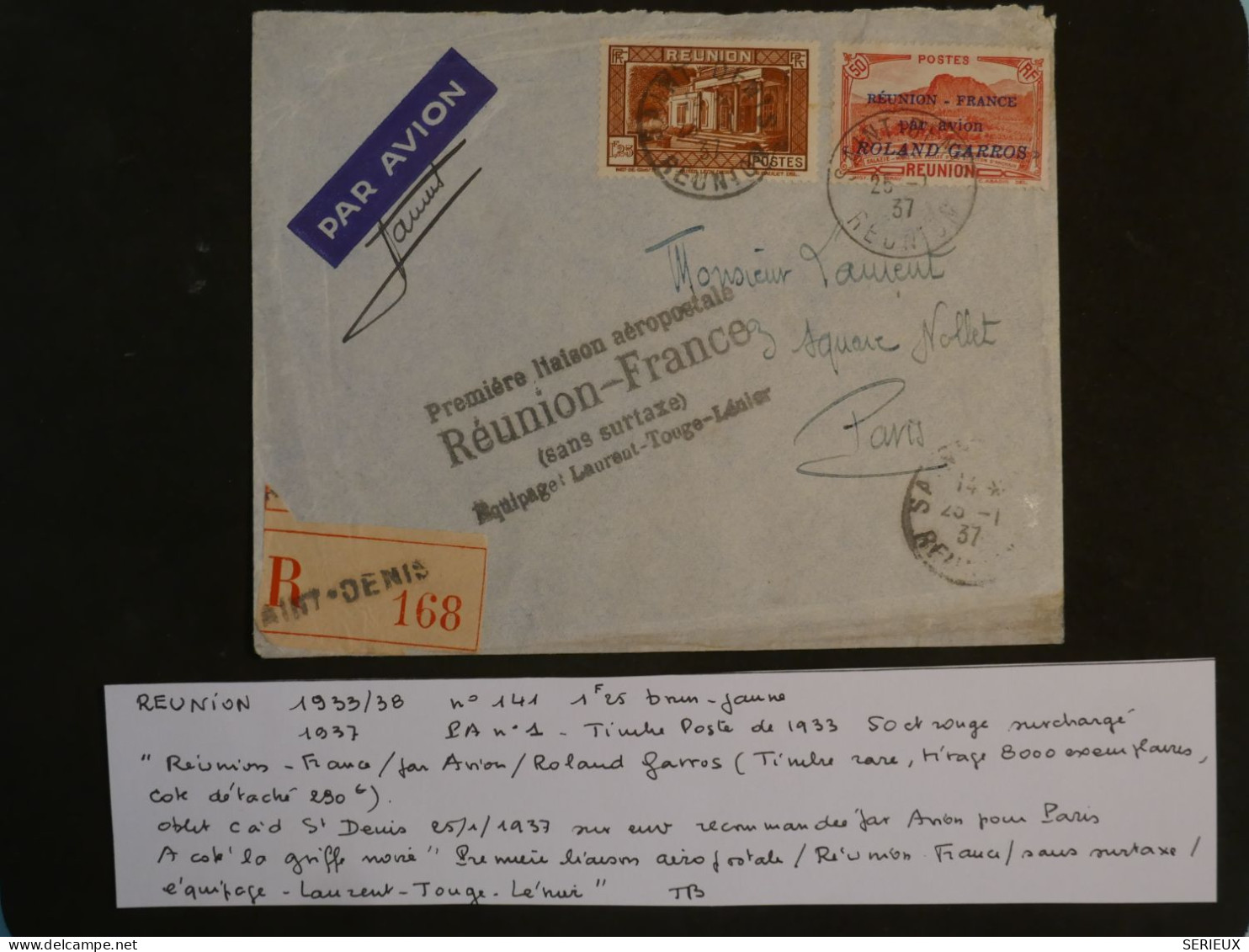 C LA REUNION  BELLE LETTRE RARE 200 Ex.1937 +PA N°1 SURCHARGé +SIGNEE PILOTE +A  AVOIR + AFFRANCH. PLAISANT - Lettres & Documents