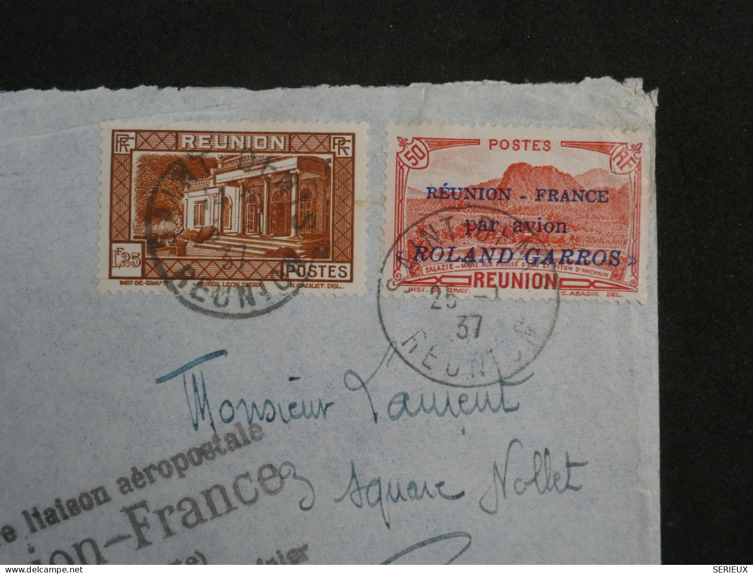 C LA REUNION  BELLE LETTRE RARE 200 Ex.1937 +PA N°1 SURCHARGé +SIGNEE PILOTE +A  AVOIR + AFFRANCH. PLAISANT - Briefe U. Dokumente