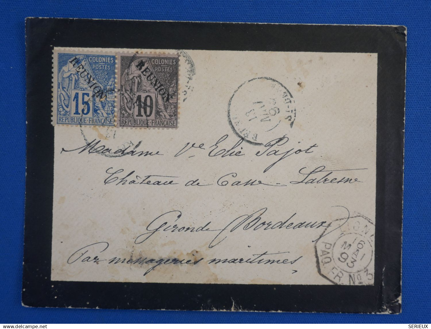 C LA REUNION BELLE LETTRE RARE 1893 PAQUEBOT ST DENIS AU CHATEAU LA TRESNE FRANCE+SURCHARGES N°21 22+ AFFRANCH. PLAISANT - Cartas & Documentos