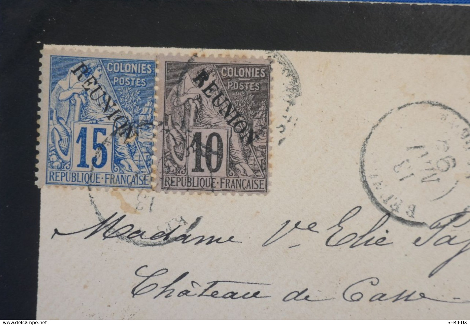 C LA REUNION BELLE LETTRE RARE 1893 PAQUEBOT ST DENIS AU CHATEAU LA TRESNE FRANCE+SURCHARGES N°21 22+ AFFRANCH. PLAISANT - Lettres & Documents