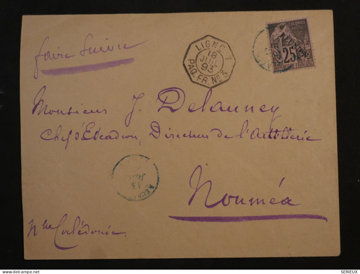 C LA REUNION BELLE LETTRE RARE 1893 PAQUEBOT ST DENIS A NOUMEA CALEDONIE +SURCHARGE N°24+ AFFRANCH. PLAISANT - Cartas & Documentos