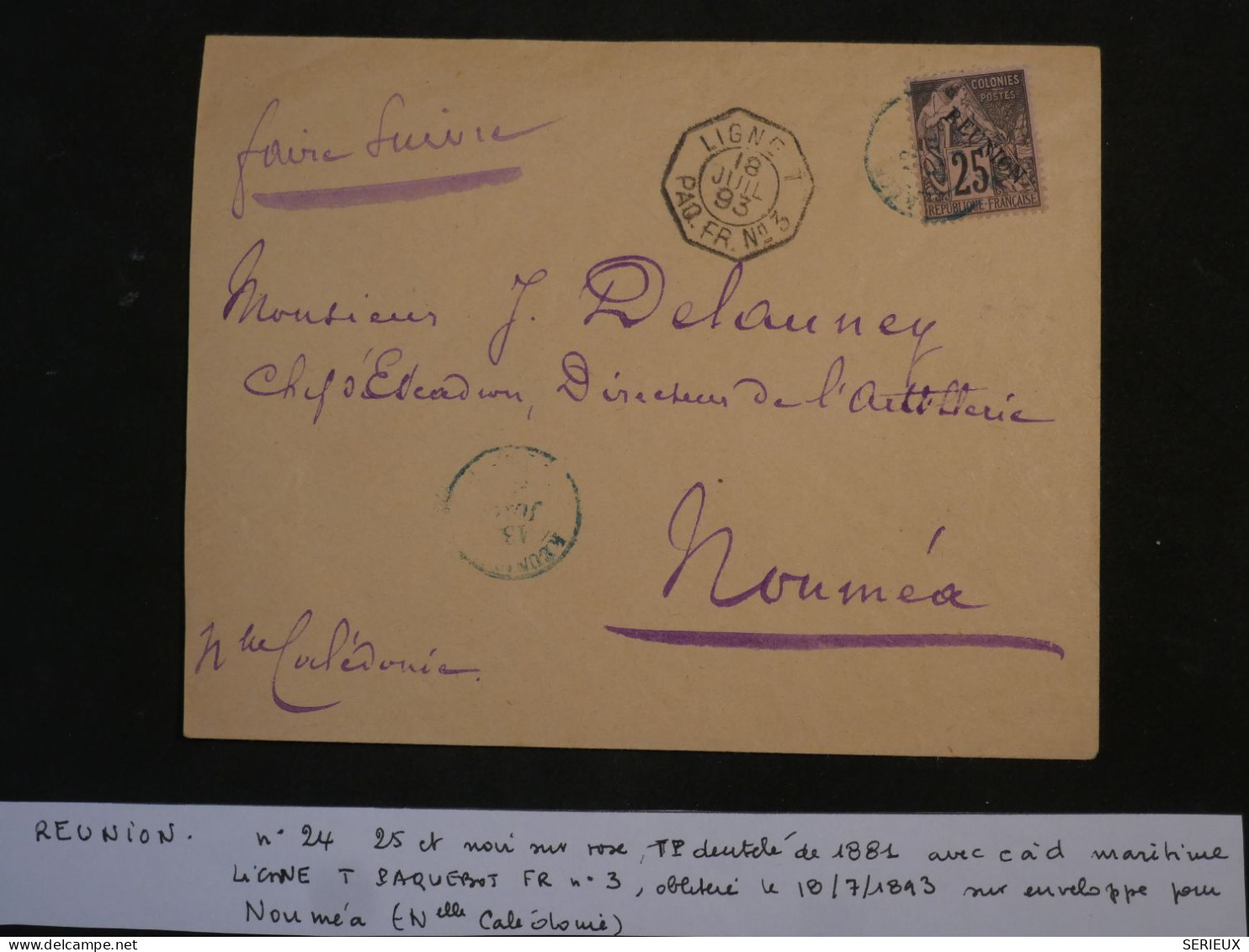 C LA REUNION BELLE LETTRE RARE 1893 PAQUEBOT ST DENIS A NOUMEA CALEDONIE +SURCHARGE N°24+ AFFRANCH. PLAISANT - Briefe U. Dokumente