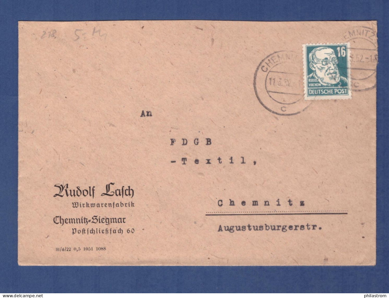 SBZ Ortsbrief - Mi 218d (grünlichblau) - Chemnitz 11.3.52  (1DDR-004) - Lettres & Documents