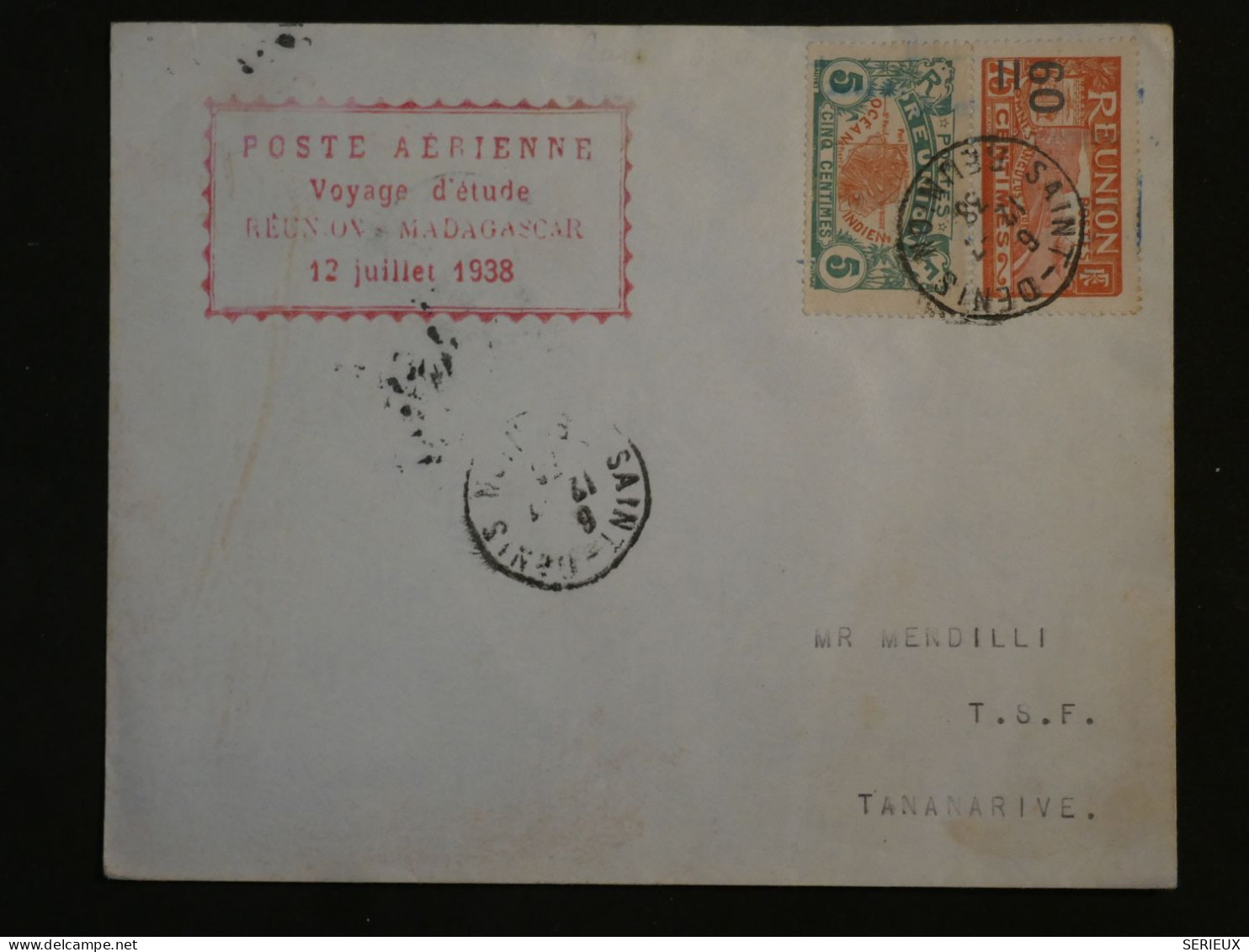 BT11 LA REUNION  BELLE LETTRE GRIFFE ROUGE  VOYAGE D ETUDE RRR 1938 SAINT DENIS A MADAGASCAR  +++ AFFRANCH. PLAISANT - Posta Aerea