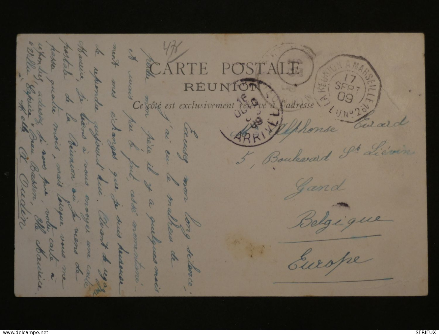 BT11 LA REUNION BELLE CARTE  RR 1909 SALAZIE A LA BELGIQUE  + AFFRANCH. PLAISANT - Storia Postale