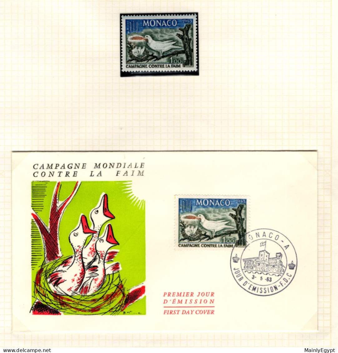 MONACO - 1963 Freedom From Hunger - Stamp MNH Plus FDC / Bird - Alimentation