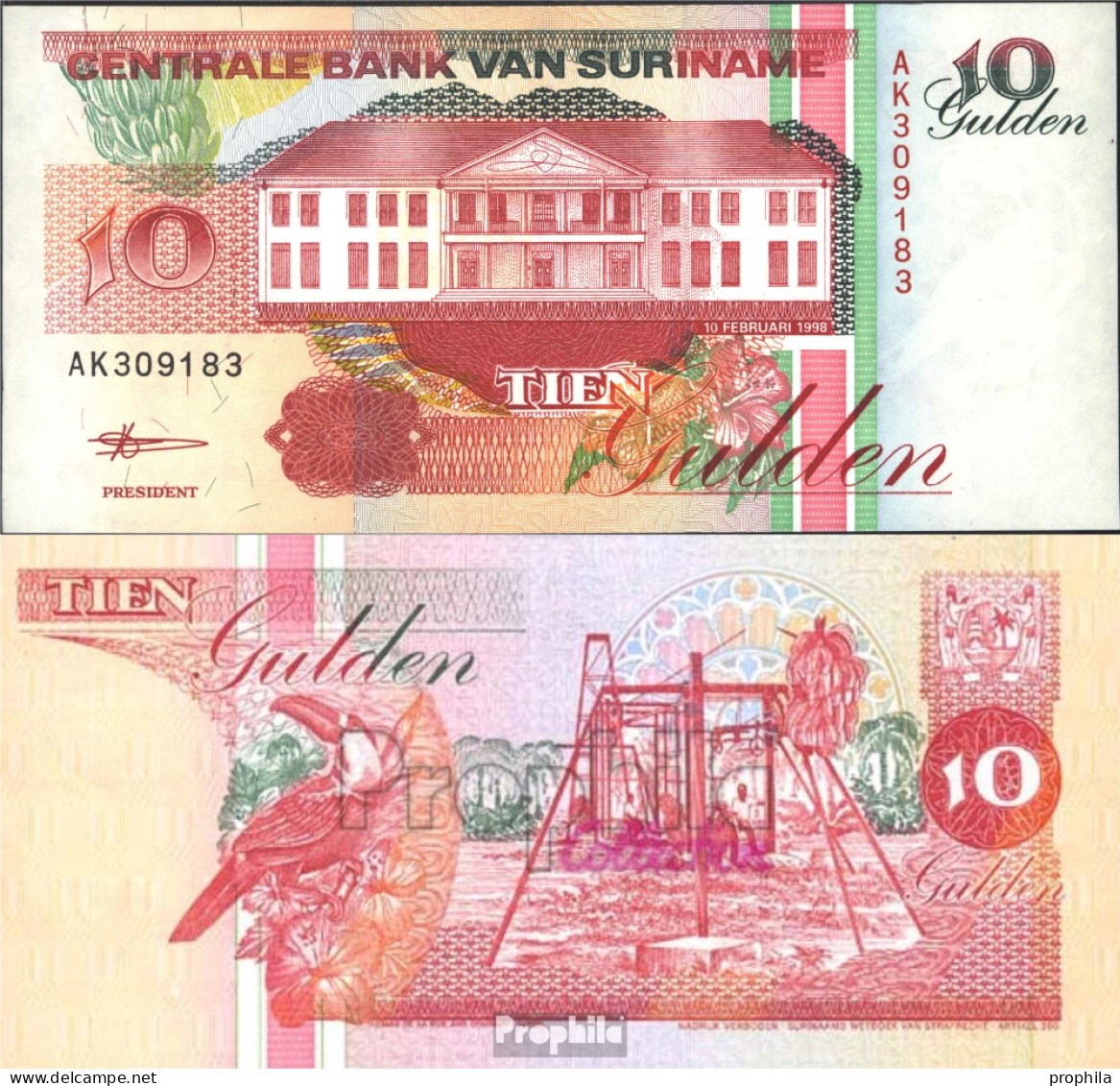 Suriname Pick-Nr: 137b (1998) Bankfrisch 1998 10 Gulden - Surinam