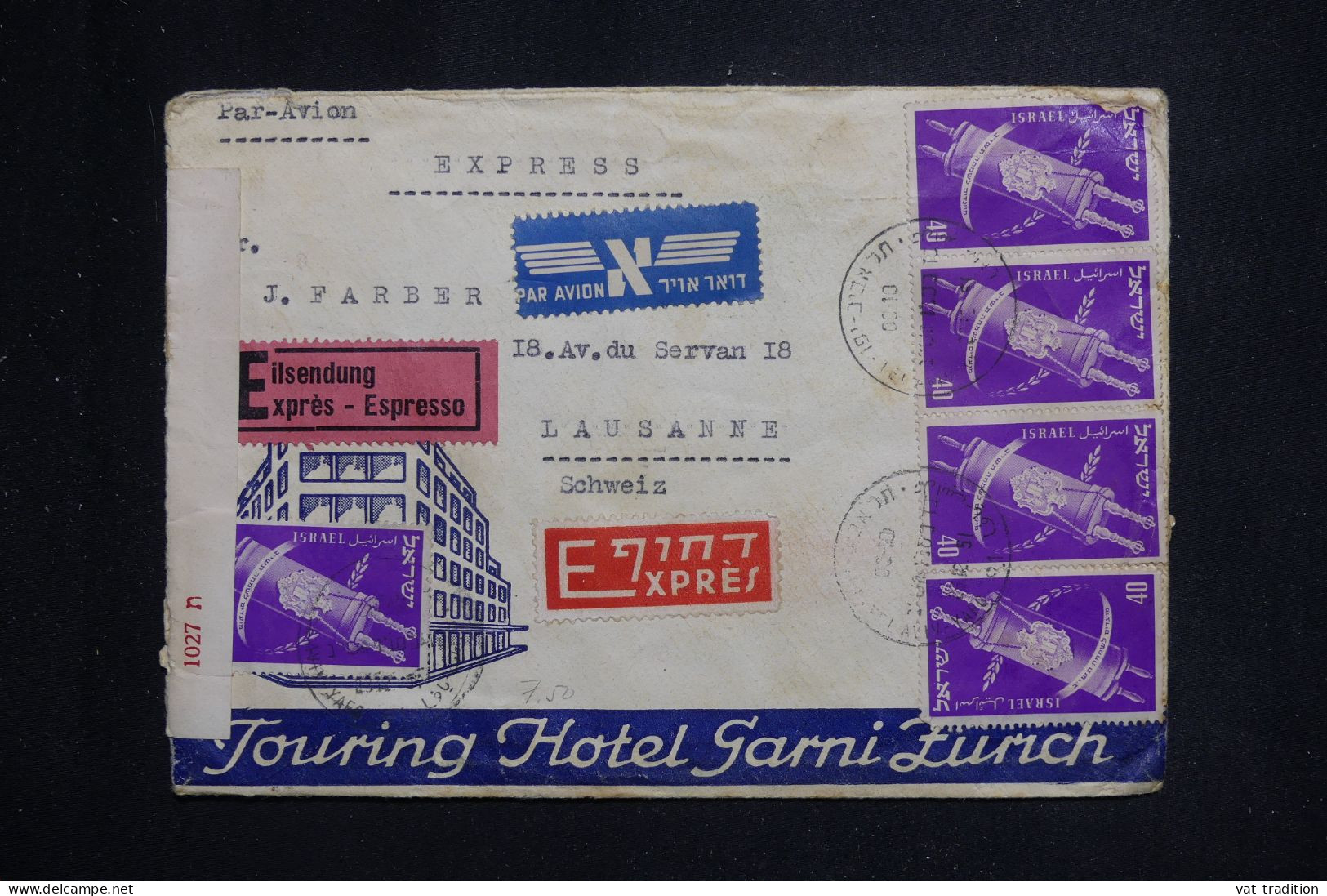 ISRAËL - Enveloppe De L'Hôtel Garni Fumch En Exprès De Tel Aviv Pour La Suisse En 1951 Avec Contrôle Postal - L 143842 - Covers & Documents