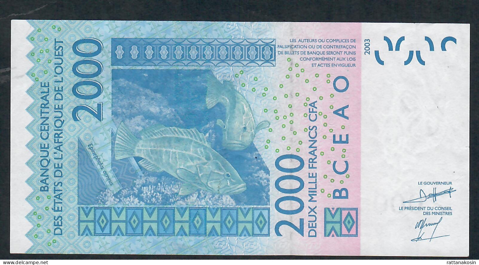 W.A.S. SENEGAL  P716Kh 2000 FRANCS (20)09  2009 Signature 35    VF-XF  NO P.h. - West African States